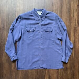 Silk Land 100% Silk Button Front Blouse Purple Blue Vintage 80s 90s Size 8